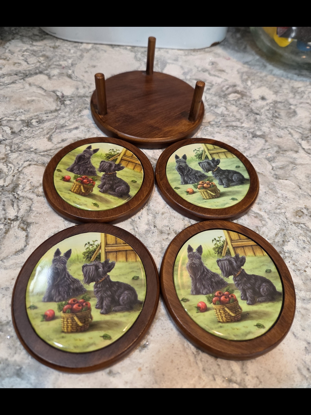 Set of 4 Coasters & Caddy Scottish Terriers Round Wood Ceramic Tiles Dogs 2002 - Picture 3 of 8